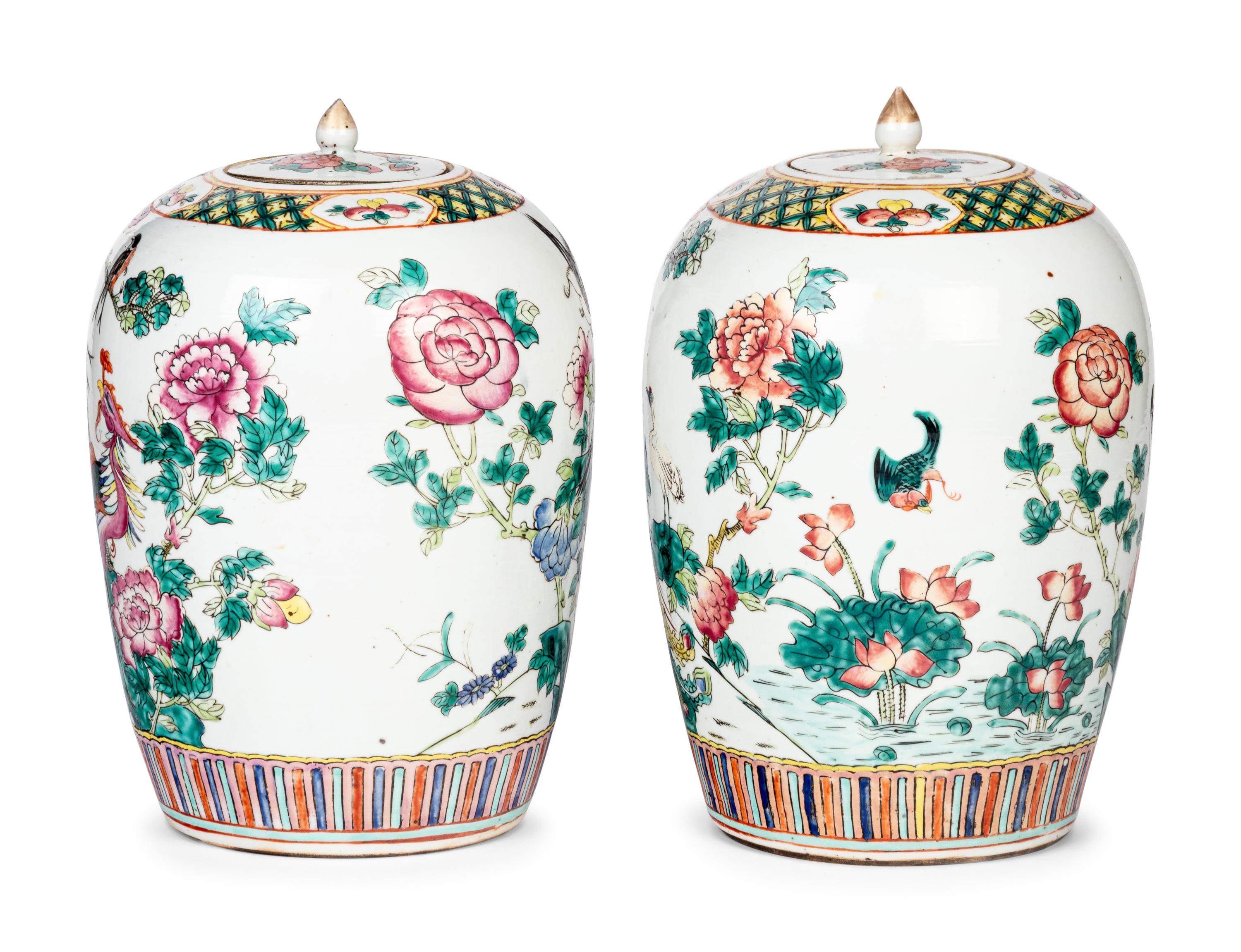 A Pair of Chinese Famille Rose Porcelain Lidded Jars