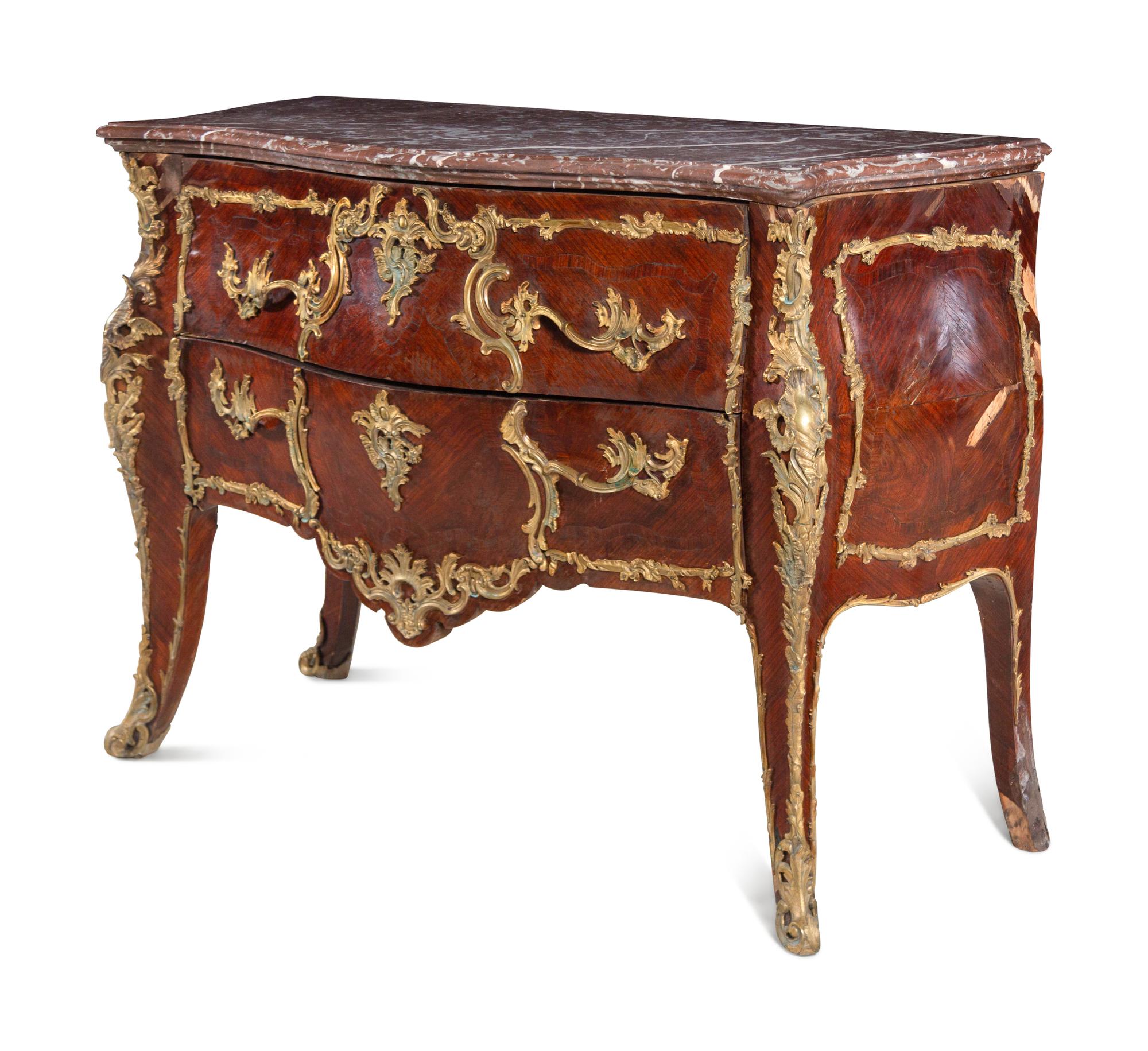 A Louis XV Style Gilt Bronze Mounted Marble-Top Commode