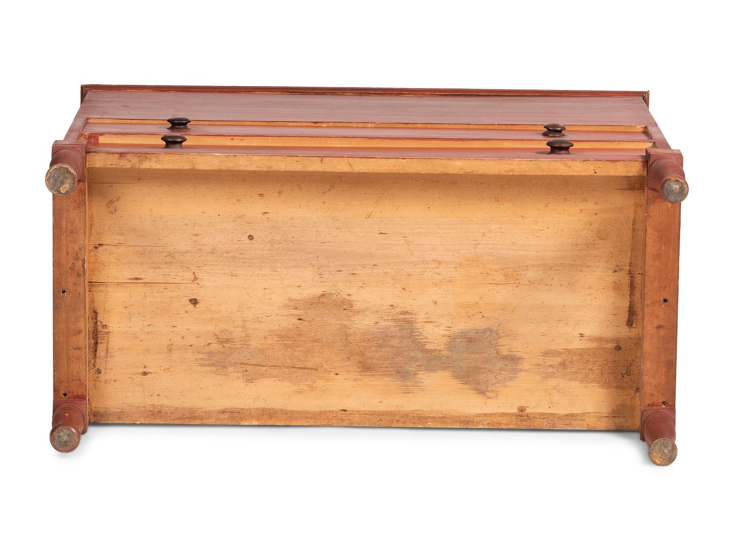 A Country Federal Red Painted Pine and Maple Two-Drawer Blanket Chest