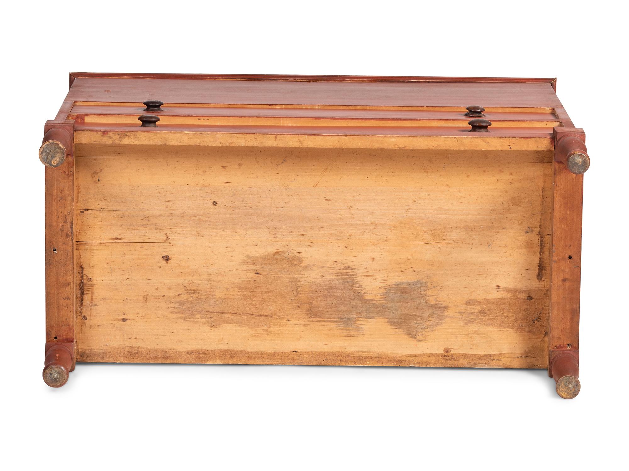 A Country Federal Red Painted Pine and Maple Two-Drawer Blanket Chest