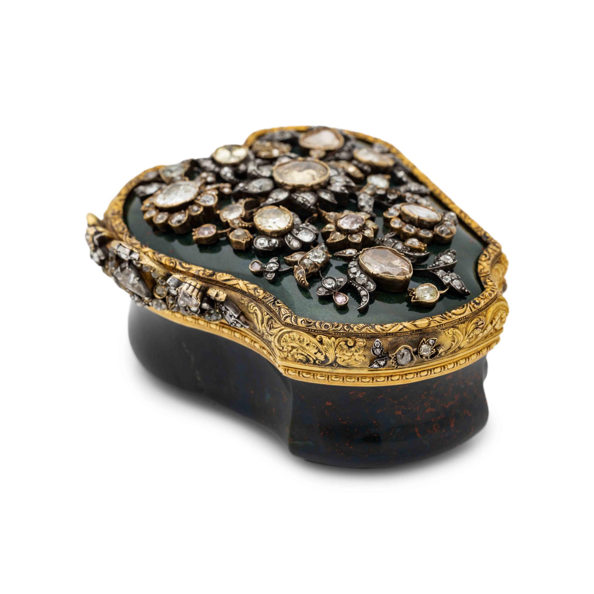 A Diamond, Colored Diamond and Gold Mounted Bloodstone Box