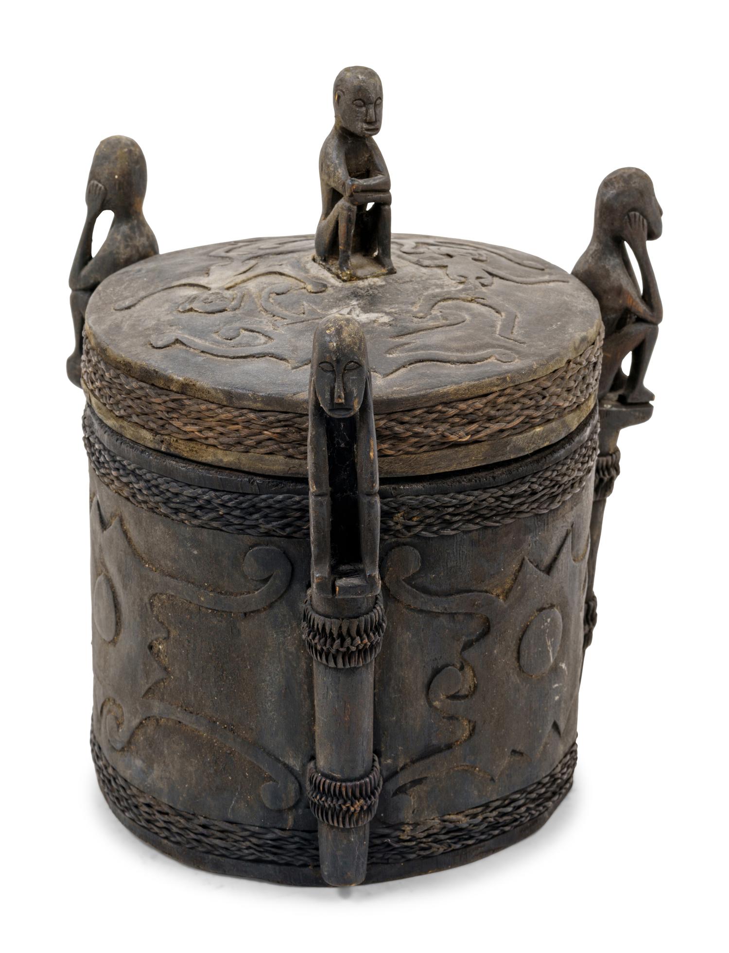 A Borneo Ceremonial Wood and Woven Wicker Lidded Pot