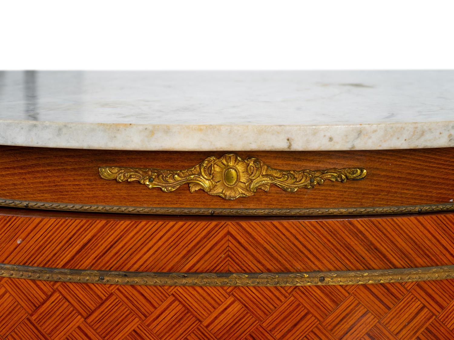 A Pair of Louis XV/XVI Transitional Style Marble Top Parquetry Cabinets — EARLY 20TH CENTURY