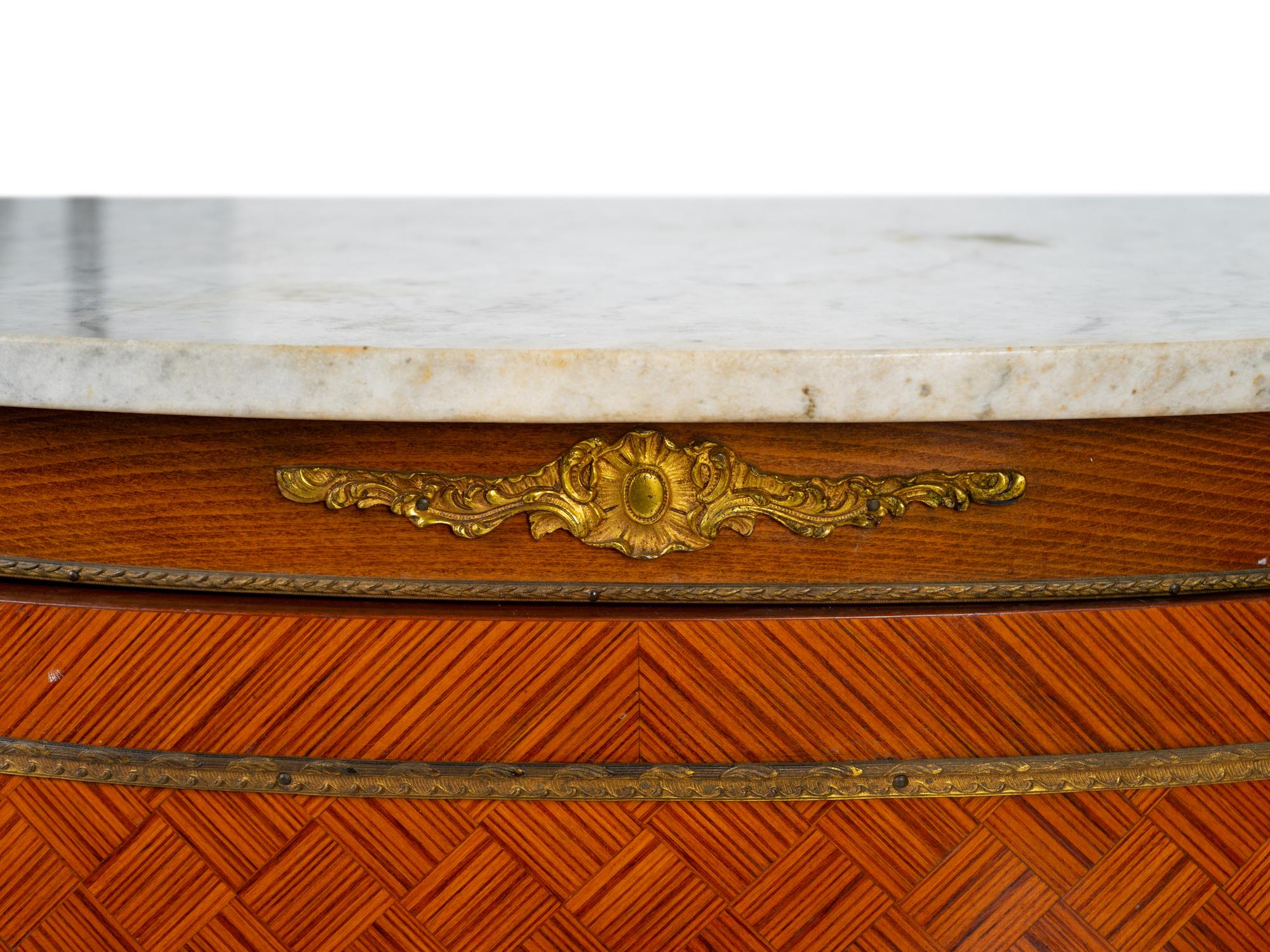 A Pair of Louis XV/XVI Transitional Style Marble Top Parquetry Cabinets — EARLY 20TH CENTURY