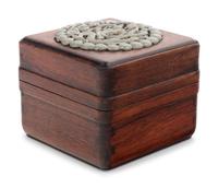 A Chinese Celadon Jade Inset Hardwood Square Covered Box