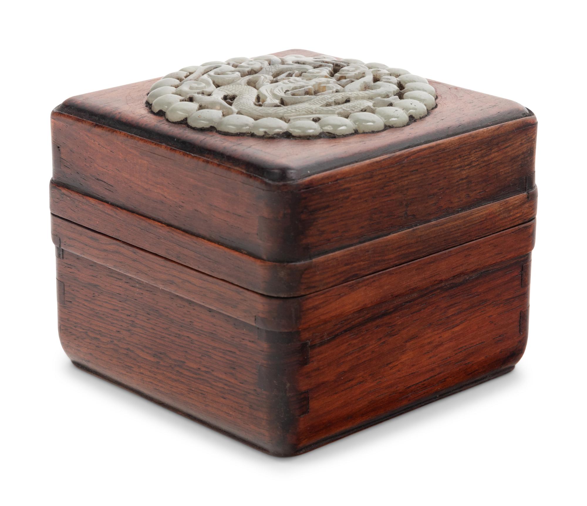 A Chinese Celadon Jade Inset Hardwood Square Covered Box