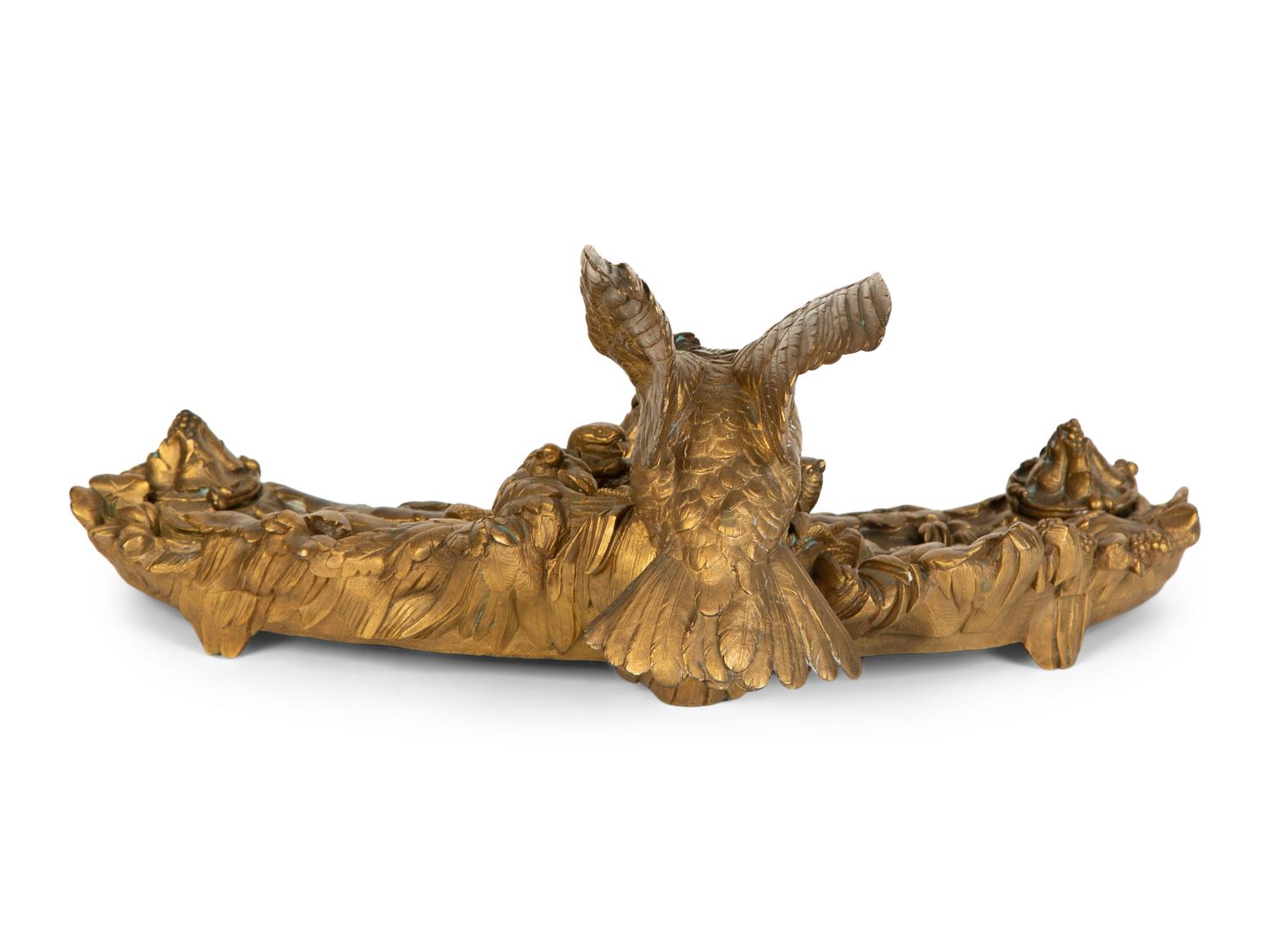A Continental Gilt Bronze Inkwell with Bird and Nest in the Manner of Pautrot — 19th Century