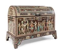 An Egyptian Revival Mother-of-Pearl Inlaid Trunk on Stand Height of chest 26 x width 44 1/2 x depth 20 1/4 inches. — 2OTH CENTURY