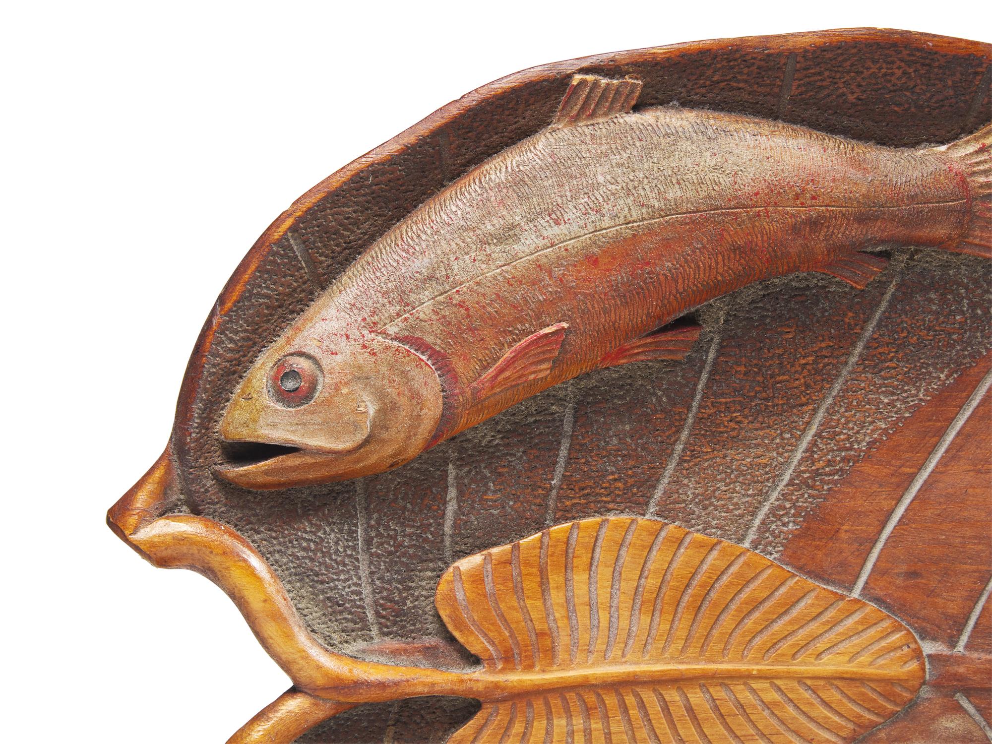 A Carved and Painted Wood Tray with Fish and Lobsters