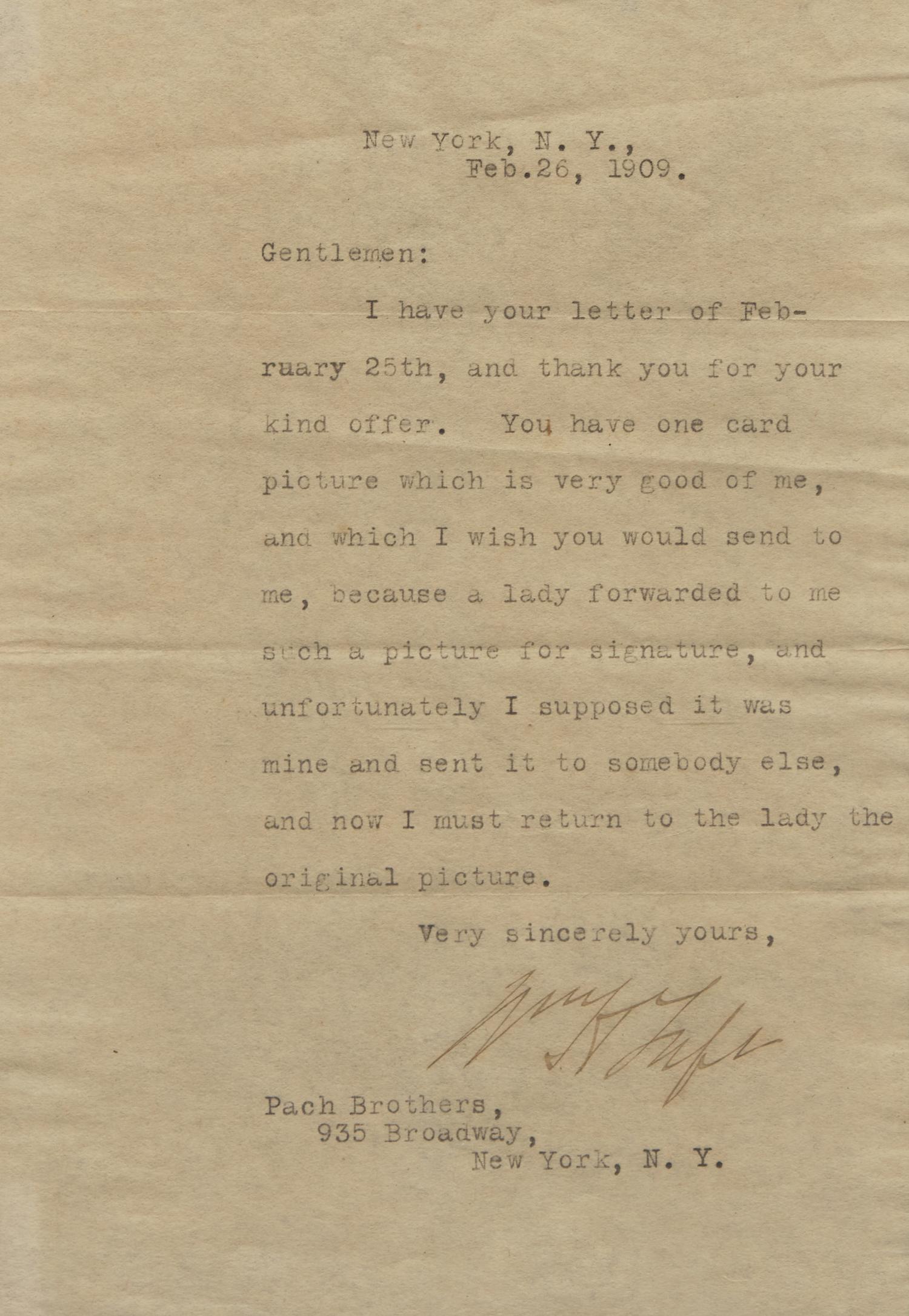[Presidential] Taft, William H. Typed Letter, signed