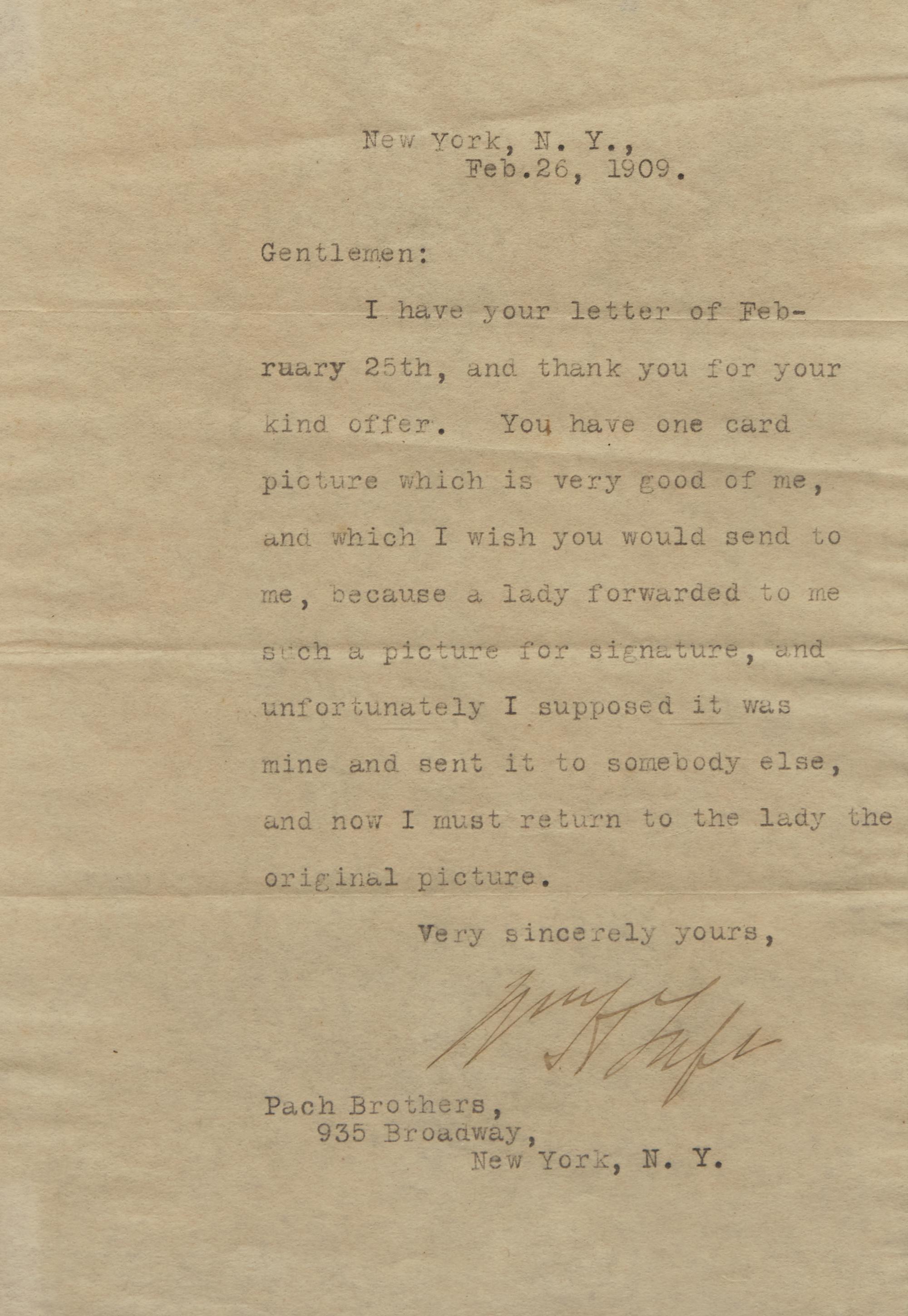 [Presidential] Taft, William H. Typed Letter, signed