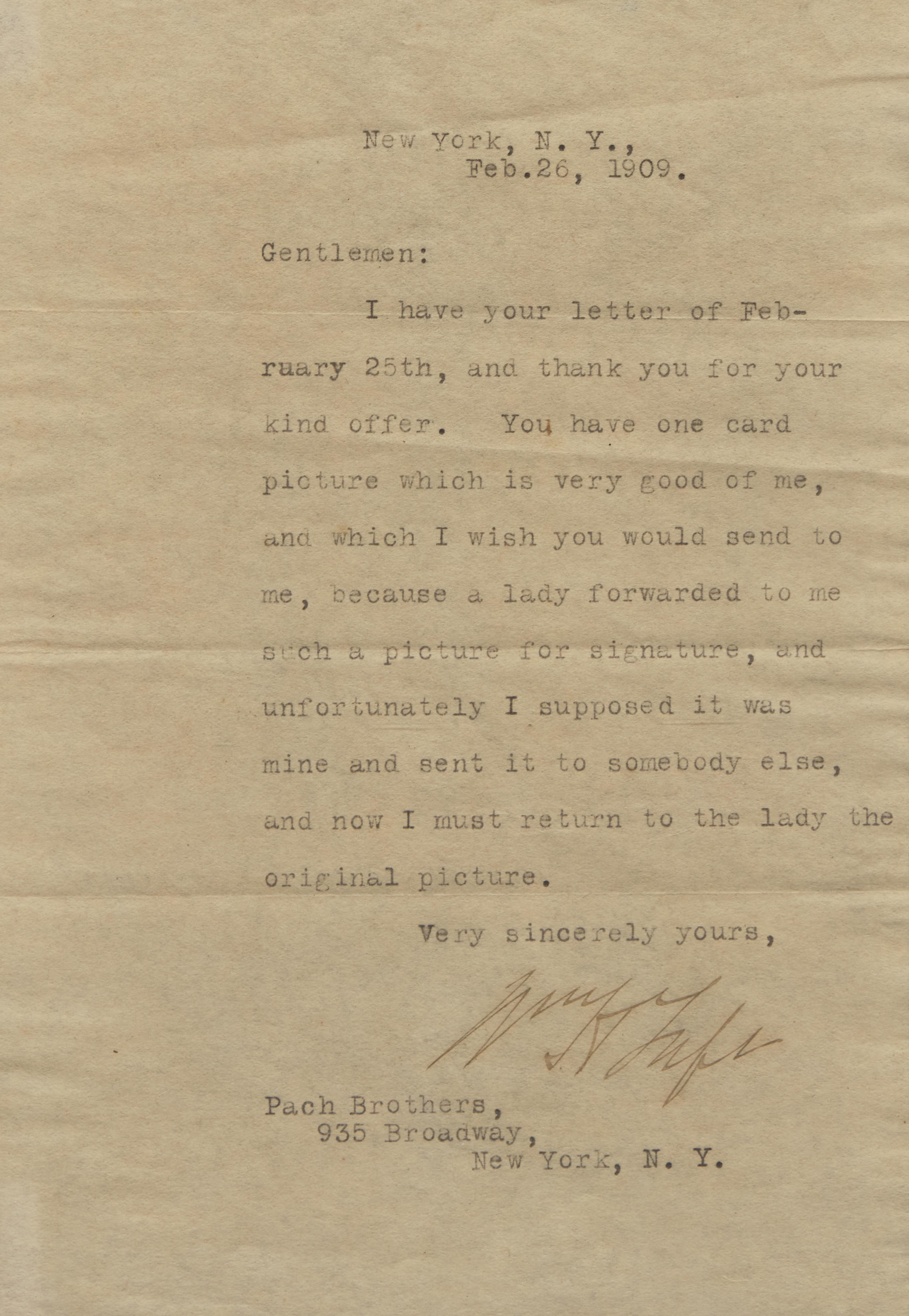 [Presidential] Taft, William H. Typed Letter, signed