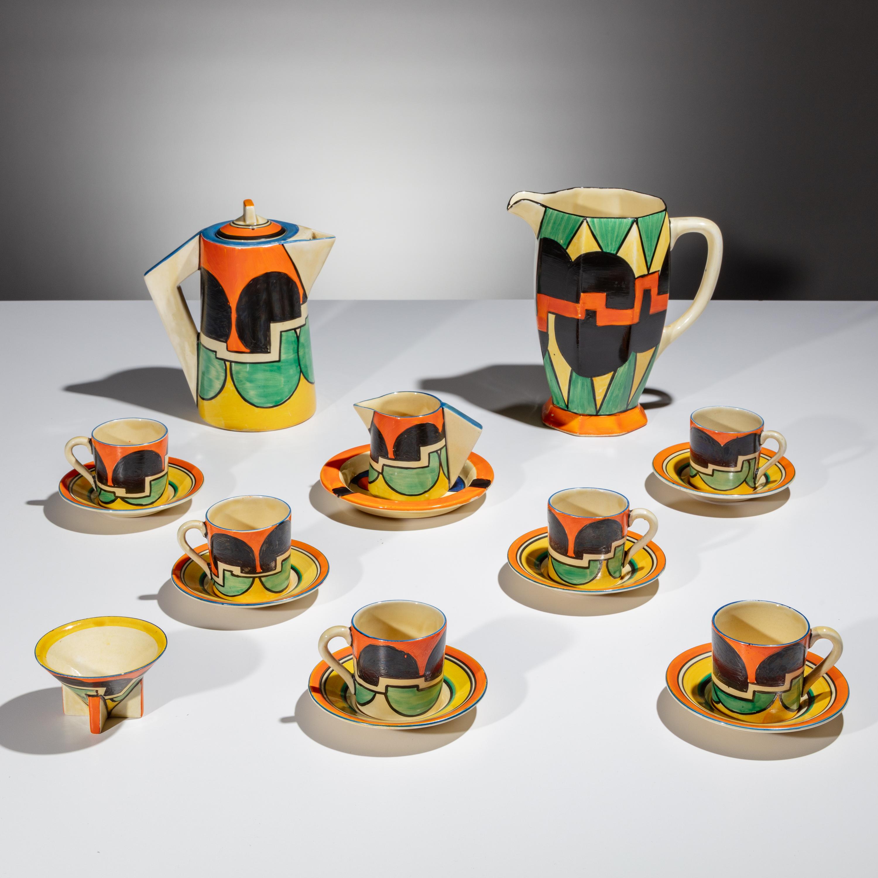 Clarice Cliff (English, 1899–1972) — Castellated Circle (Green Circle) pattern Coffee Service, 17 pieces