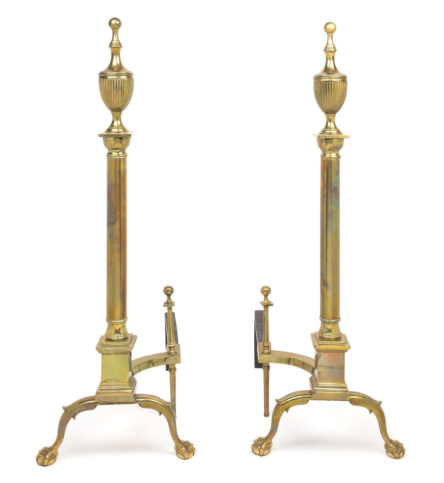 A Pair of Federal Style Brass Andirons Height 33 inches. — 20TH CENTURY