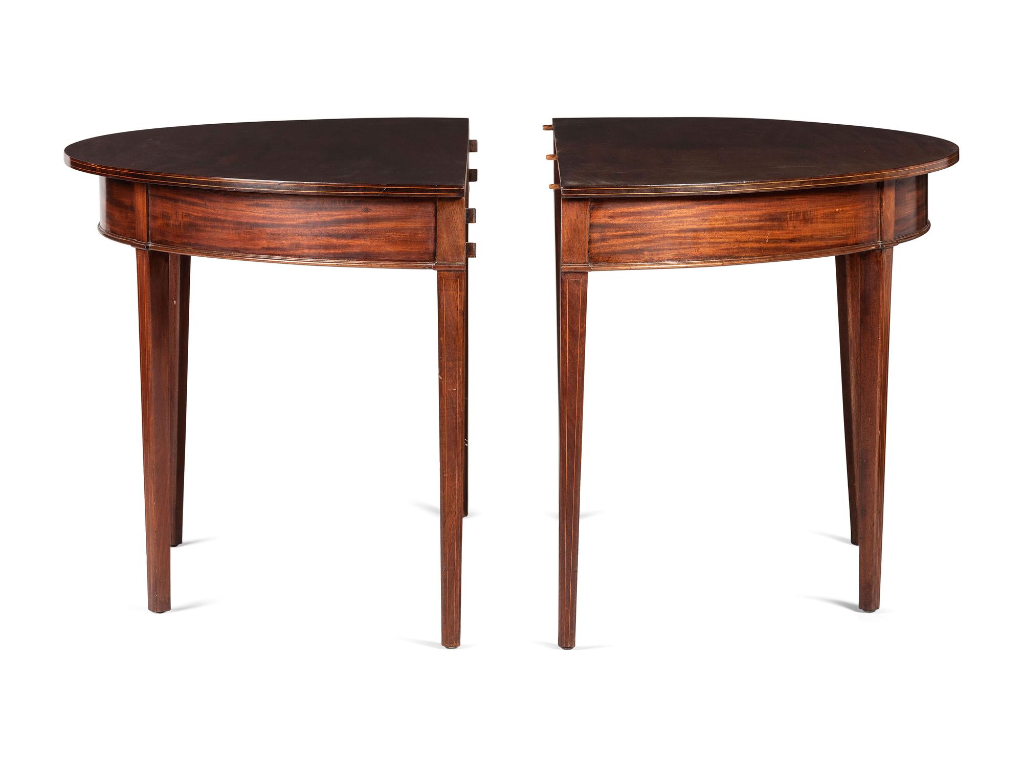 A Pair of Federal String-inlaid Mahogany Demilune Console Tables