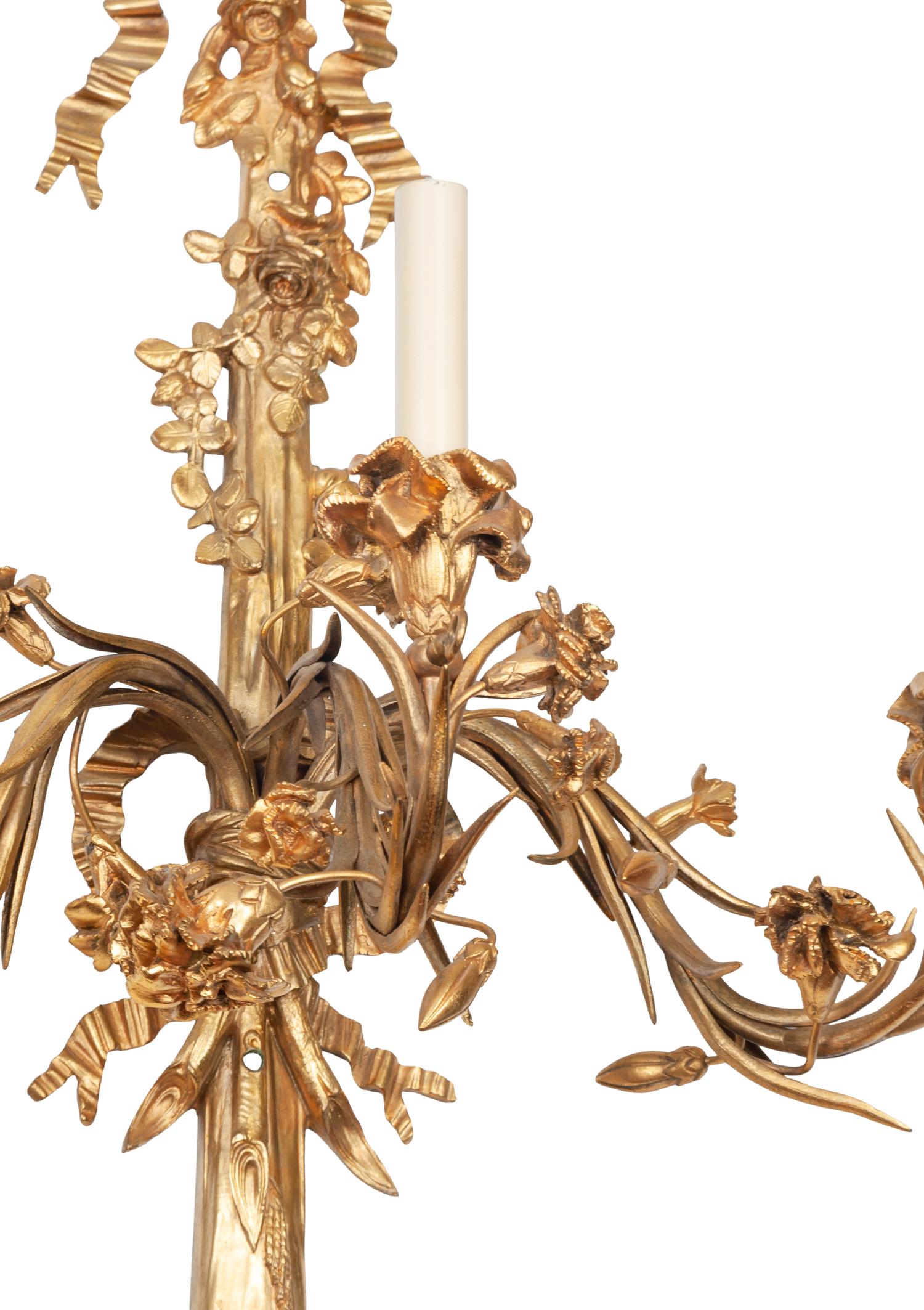 A Pair of Louis XVI Style Gilt Bronze Three-Light Sconces