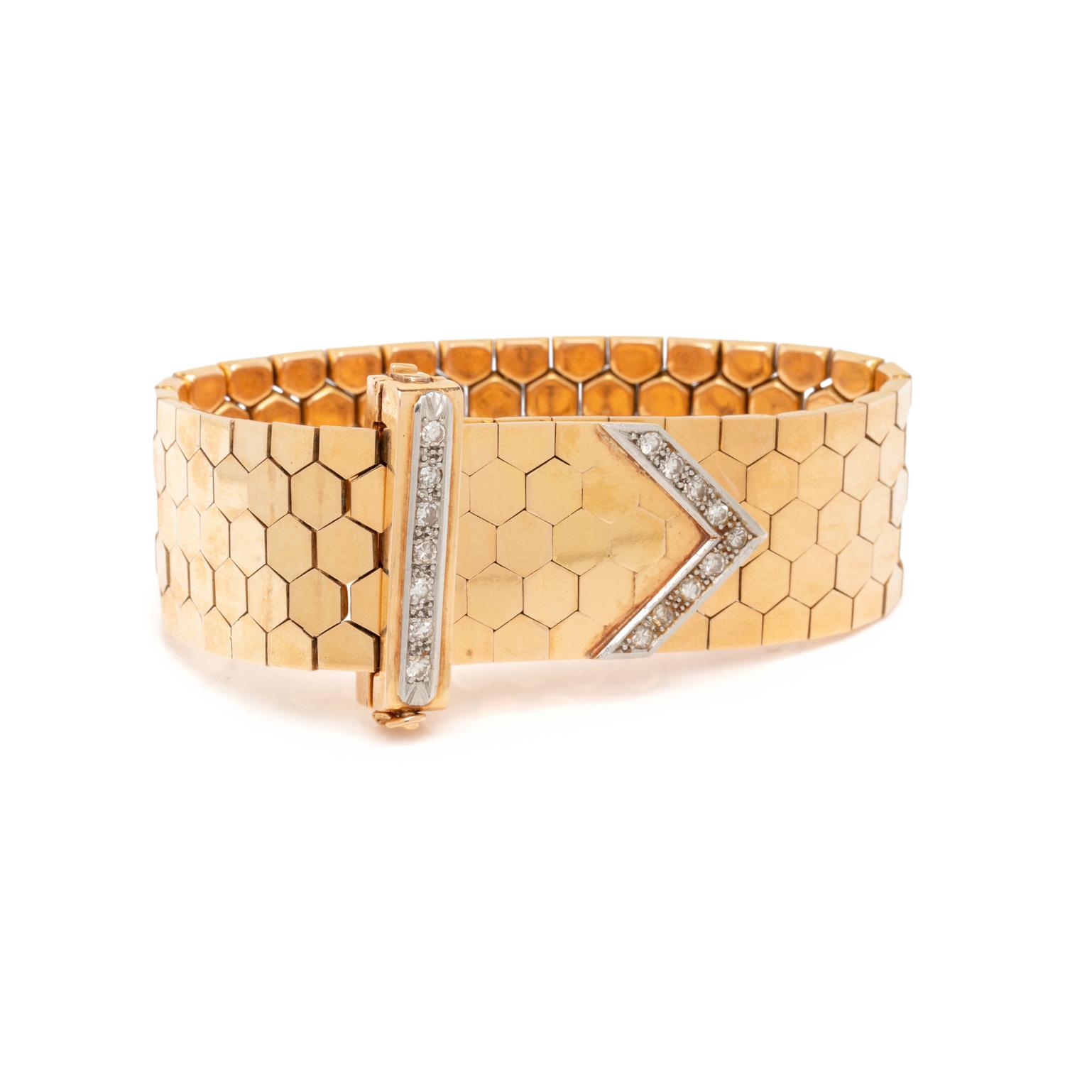RETRO, YELLOW GOLD AND DIAMOND BUCKLE BRACELET