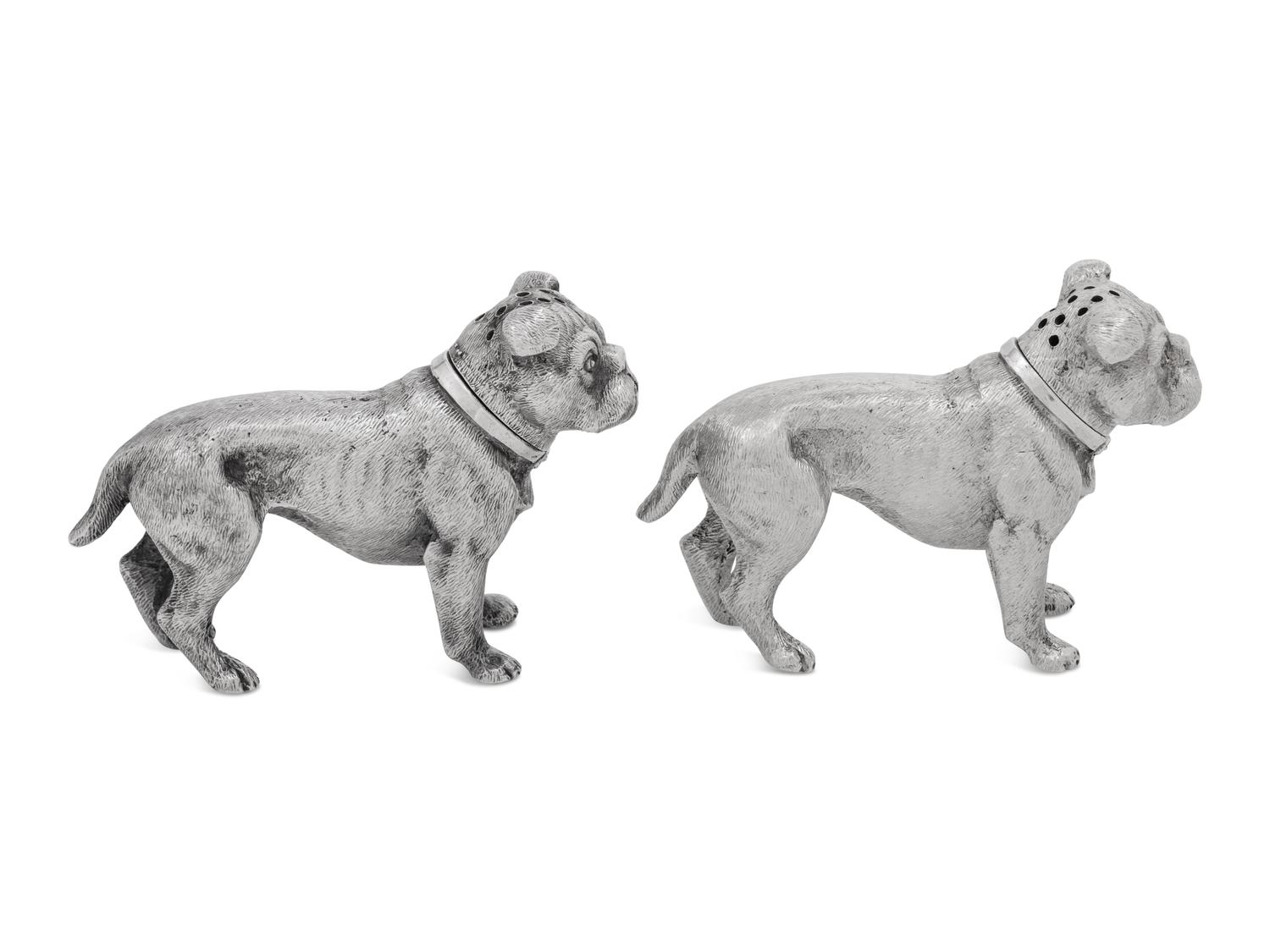 A Pair of Silver Salt and Pepper Shakers in the Form of Bulldogs