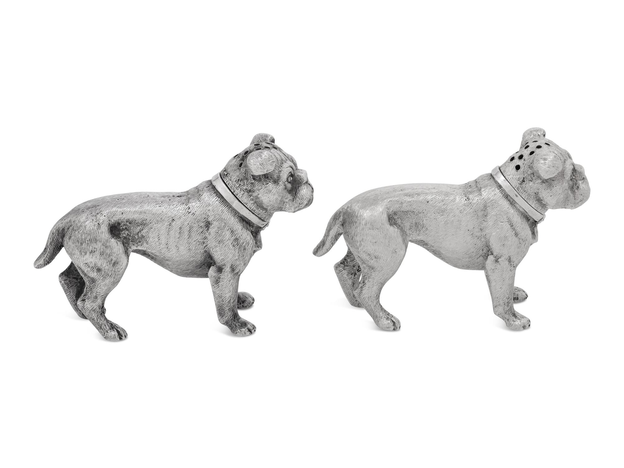 A Pair of Silver Salt and Pepper Shakers in the Form of Bulldogs