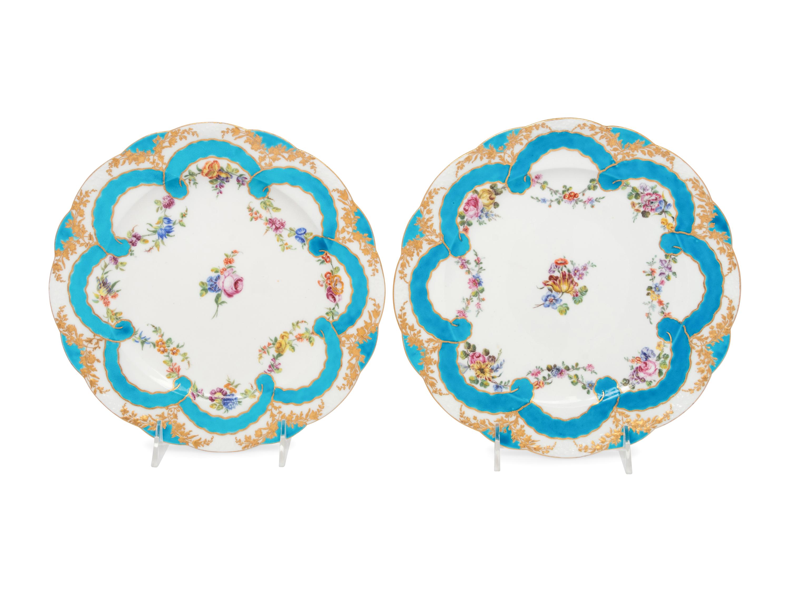 Two Vincennes Bleu Céleste Ribbon Decorated Porcelain Plates ( Assiettes 'à Guirlandes' )