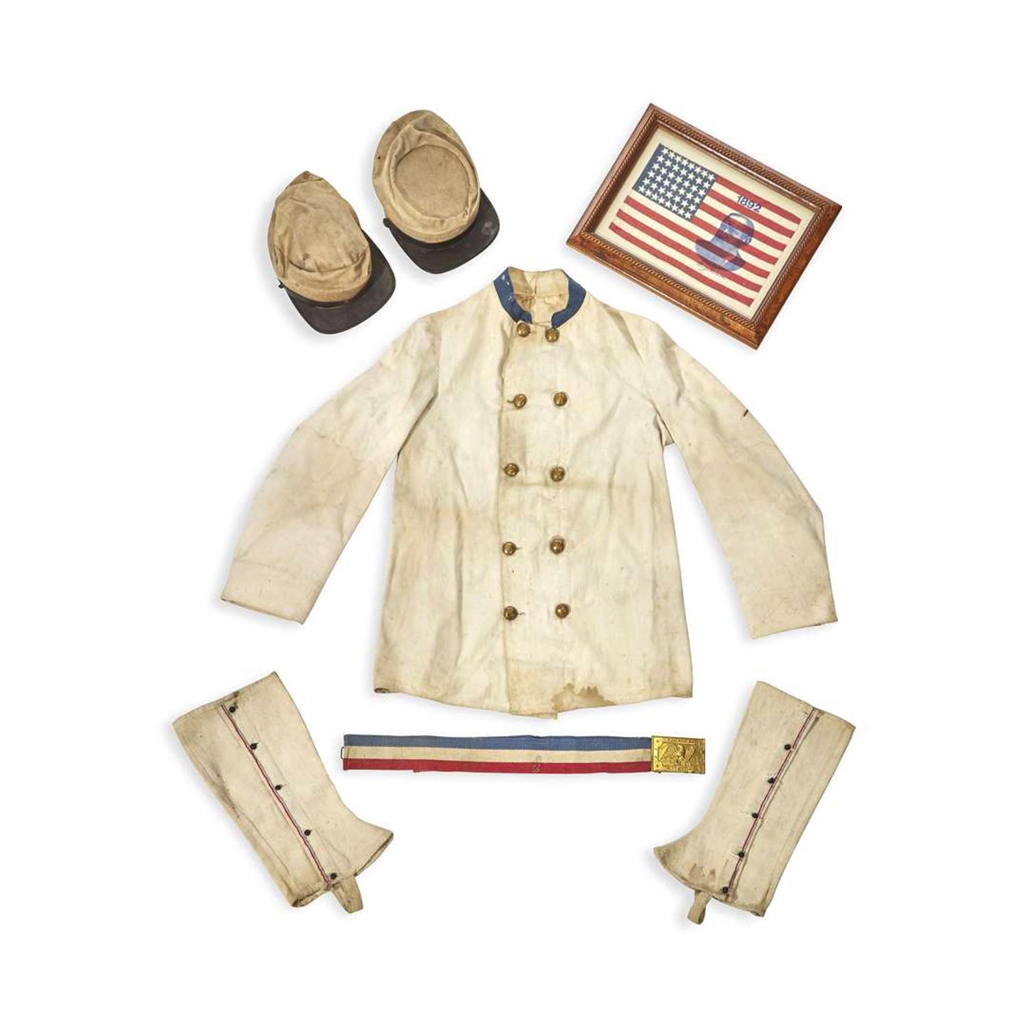 [POLITICS]. Benjamin Harrison presidential campaign uniform and 44-star campaign flag. 1892.