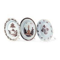 A Collection of Three English Manganese Decorated Delftware Plates