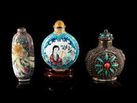 Two Chinese Canton Enamel on Copper Snuff Bottles and One Sino-Tibetan Hardstone Inset Silver Snuff Bottle