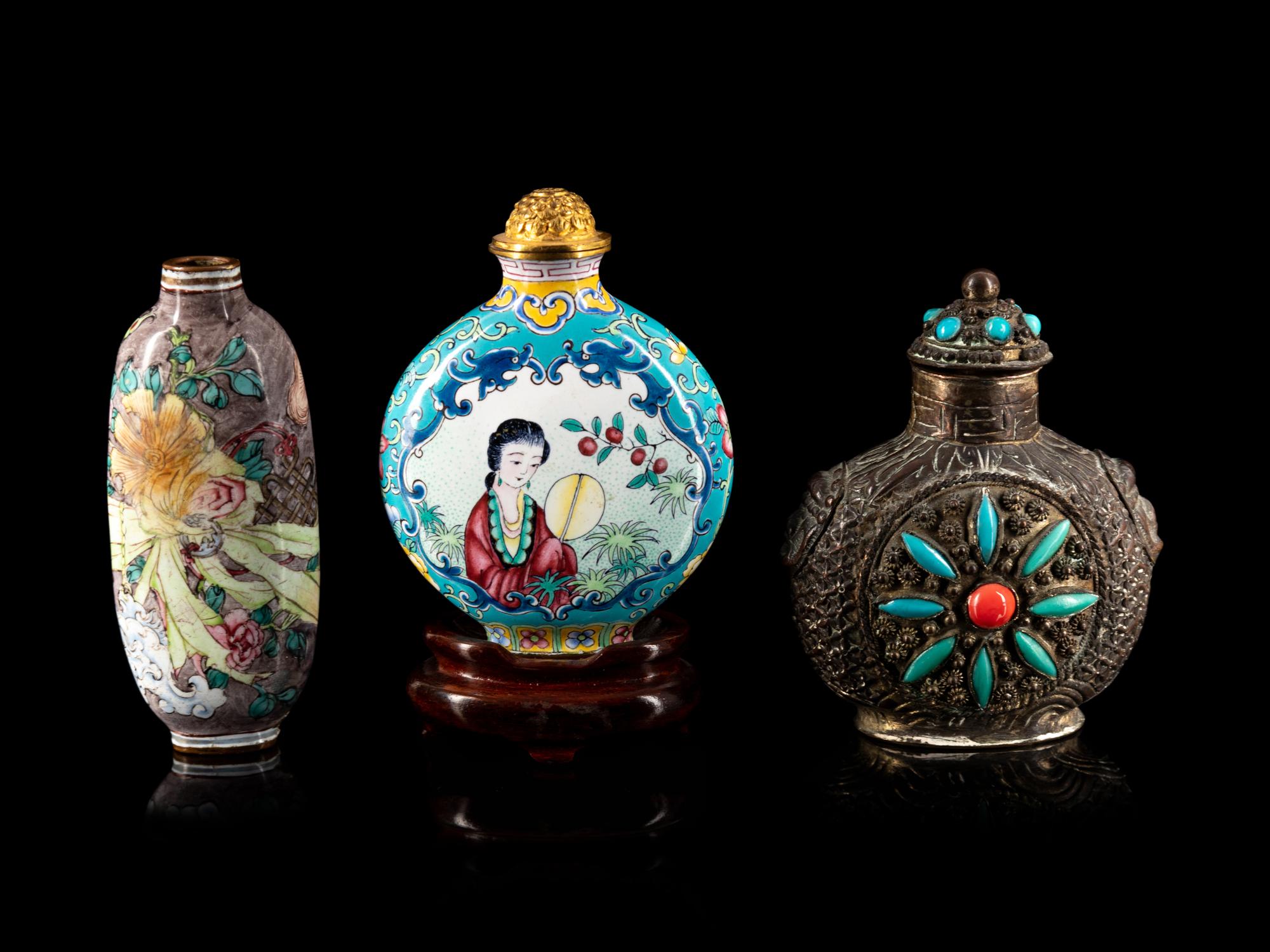Two Chinese Canton Enamel on Copper Snuff Bottles and One Sino-Tibetan Hardstone Inset Silver Snuff Bottle