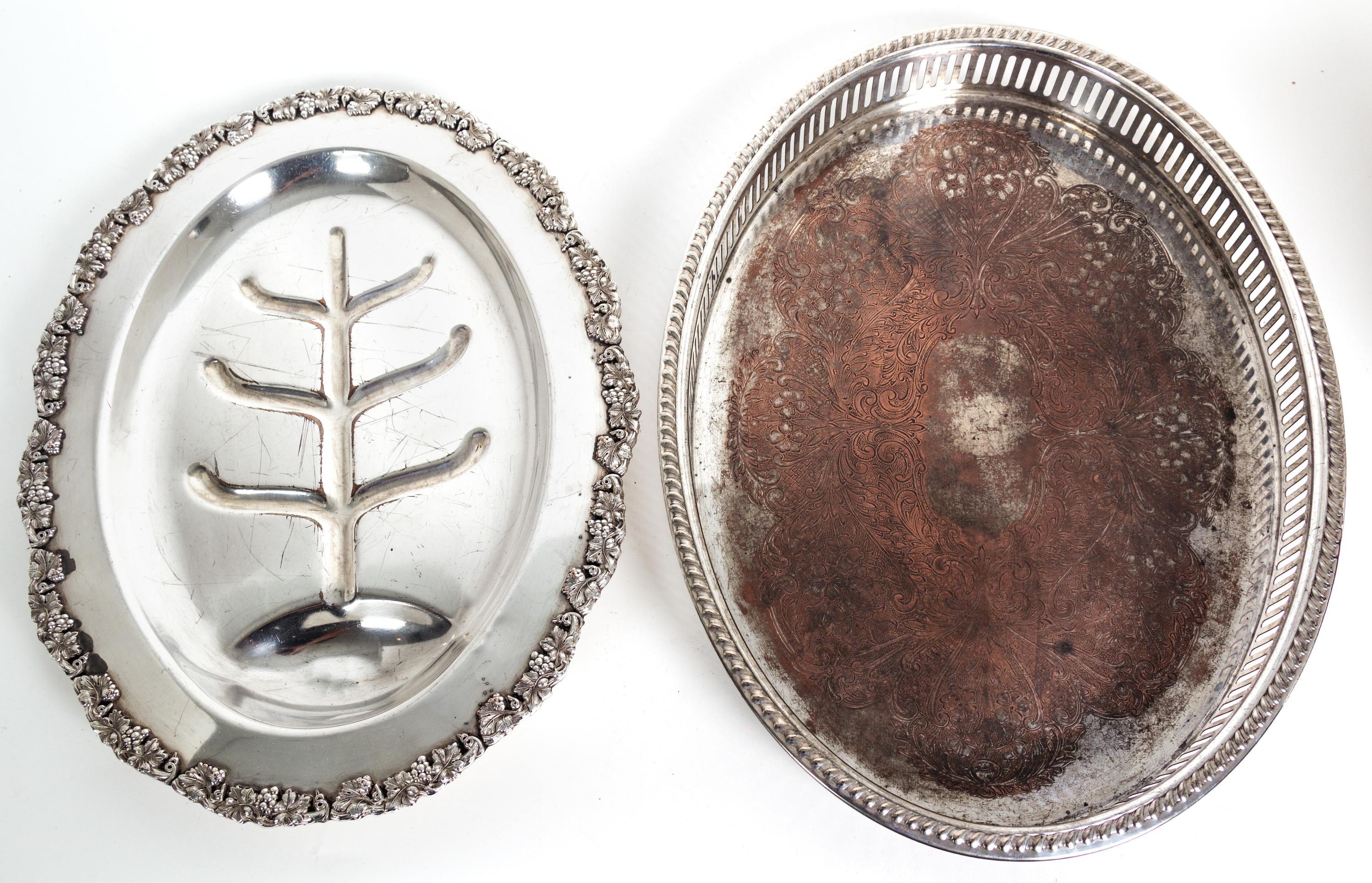 Eight Miscellaneous Silverplate Serving Trays Largest, length over handles 26 1/2 inches.