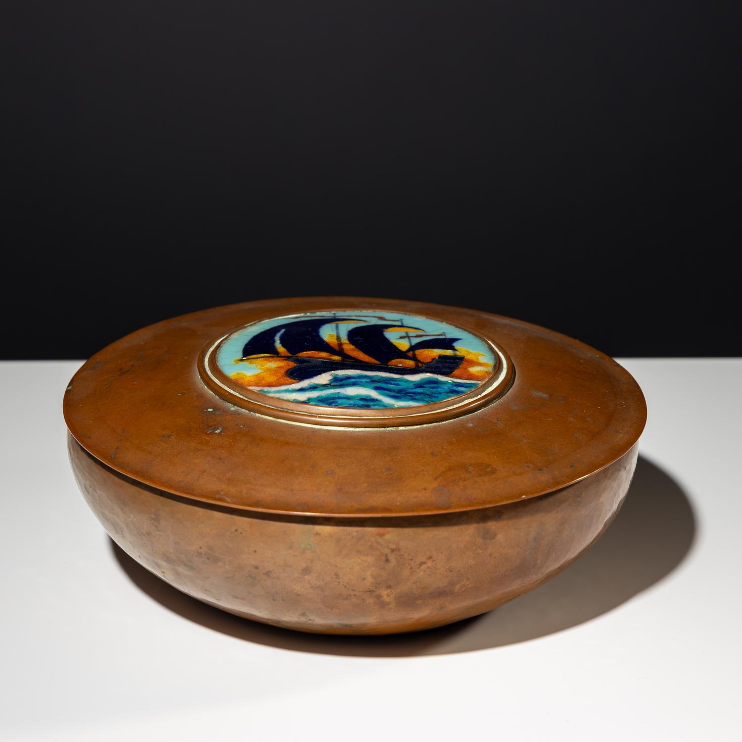 Covered bowl with sailboat silhouette, c. 1920