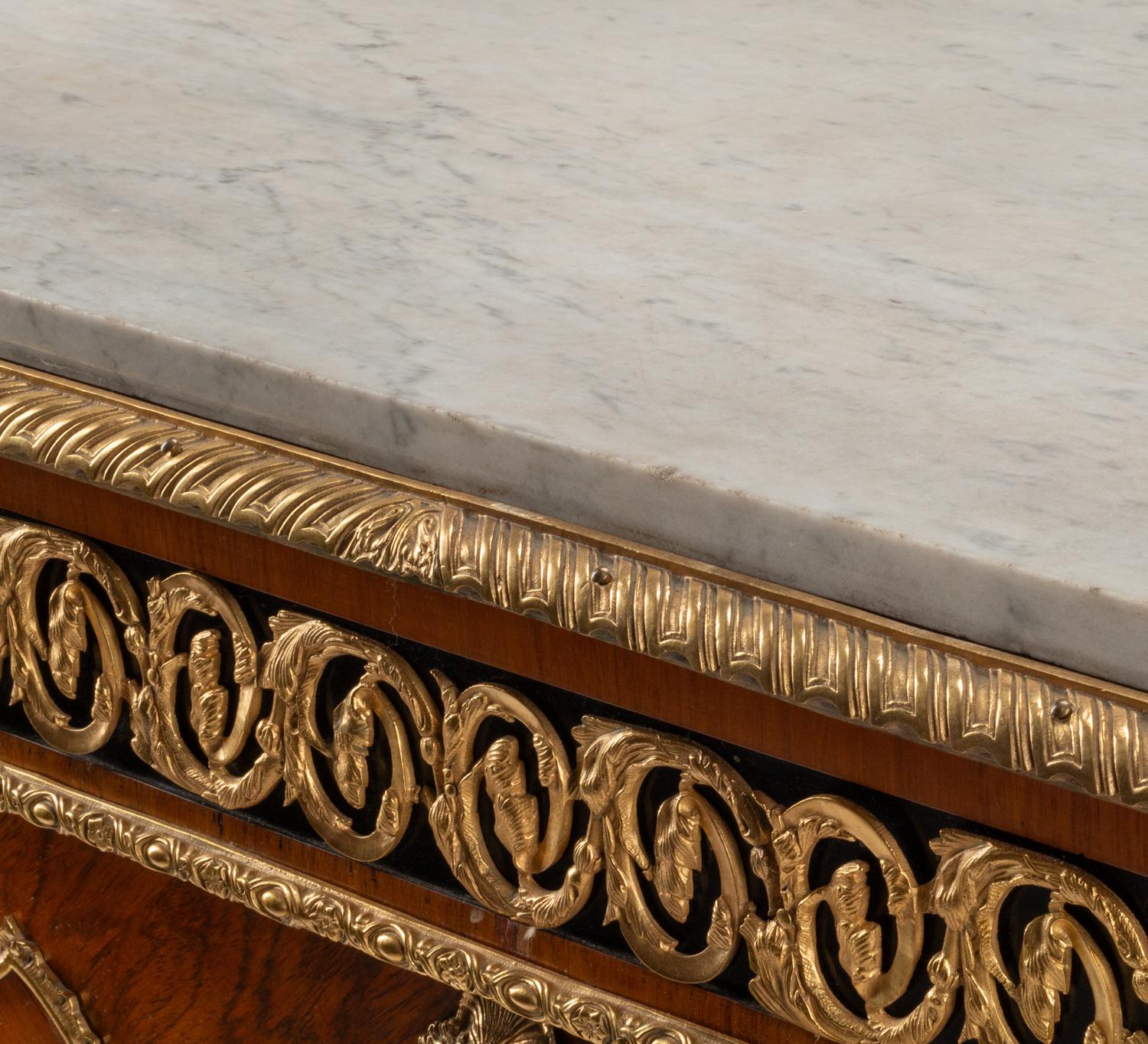 A French Gilt Bronze and Porcelain Plaque-Mounted Kingwood and Tulipwood Marble-Top Cabinet