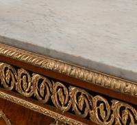 A French Gilt Bronze and Porcelain Plaque-Mounted Kingwood and Tulipwood Marble-Top Cabinet