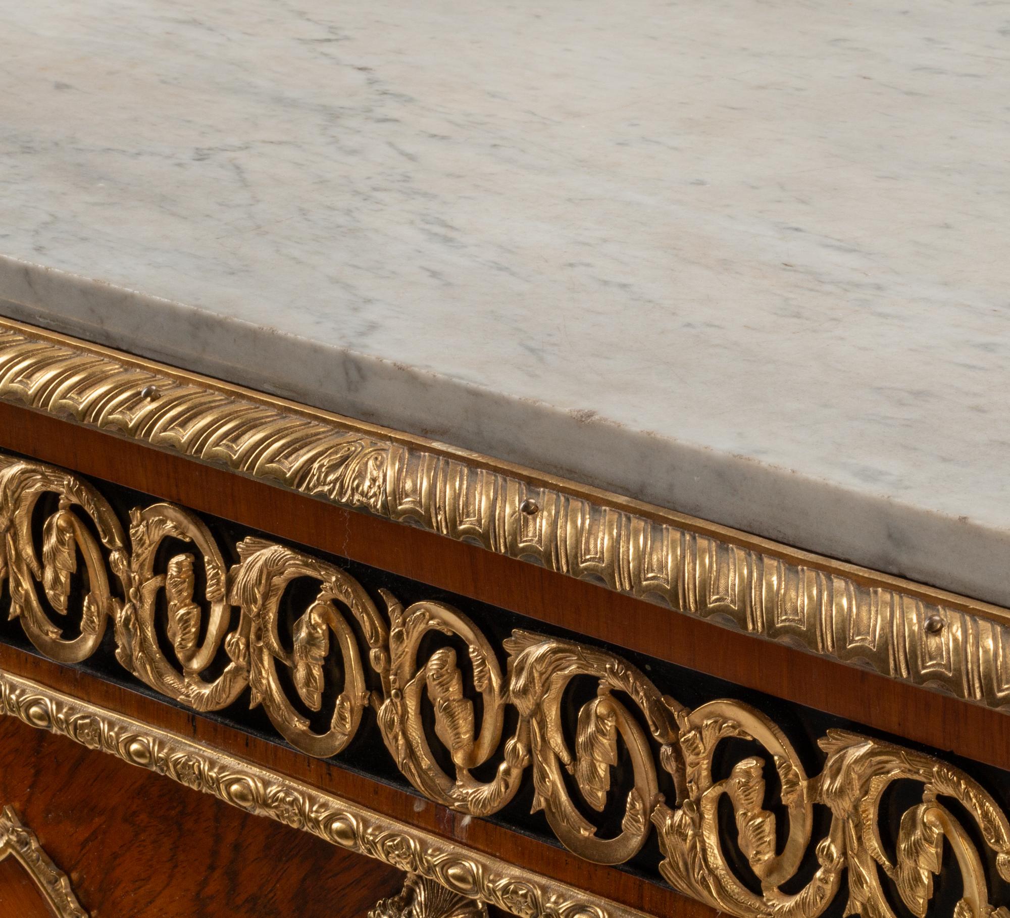 A French Gilt Bronze and Porcelain Plaque-Mounted Kingwood and Tulipwood Marble-Top Cabinet