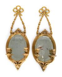 A Pair of Louis XVI Style Gilt-Metal and Beveled Glass Two Light Sconces — 20TH CENTURY