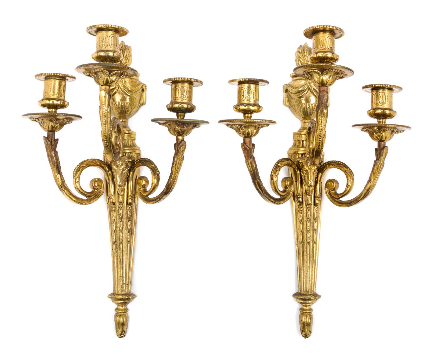 A Pair of Neoclassical Style Gilt Metal Three-Light Sconces Height 16 1/2 inches. — EARLY 20TH CENTURY