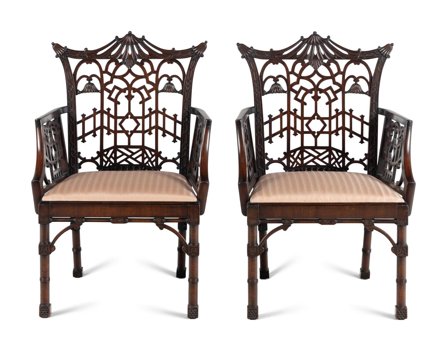 A Pair of George III Style Pierce-Carved Mahogany Armchairs