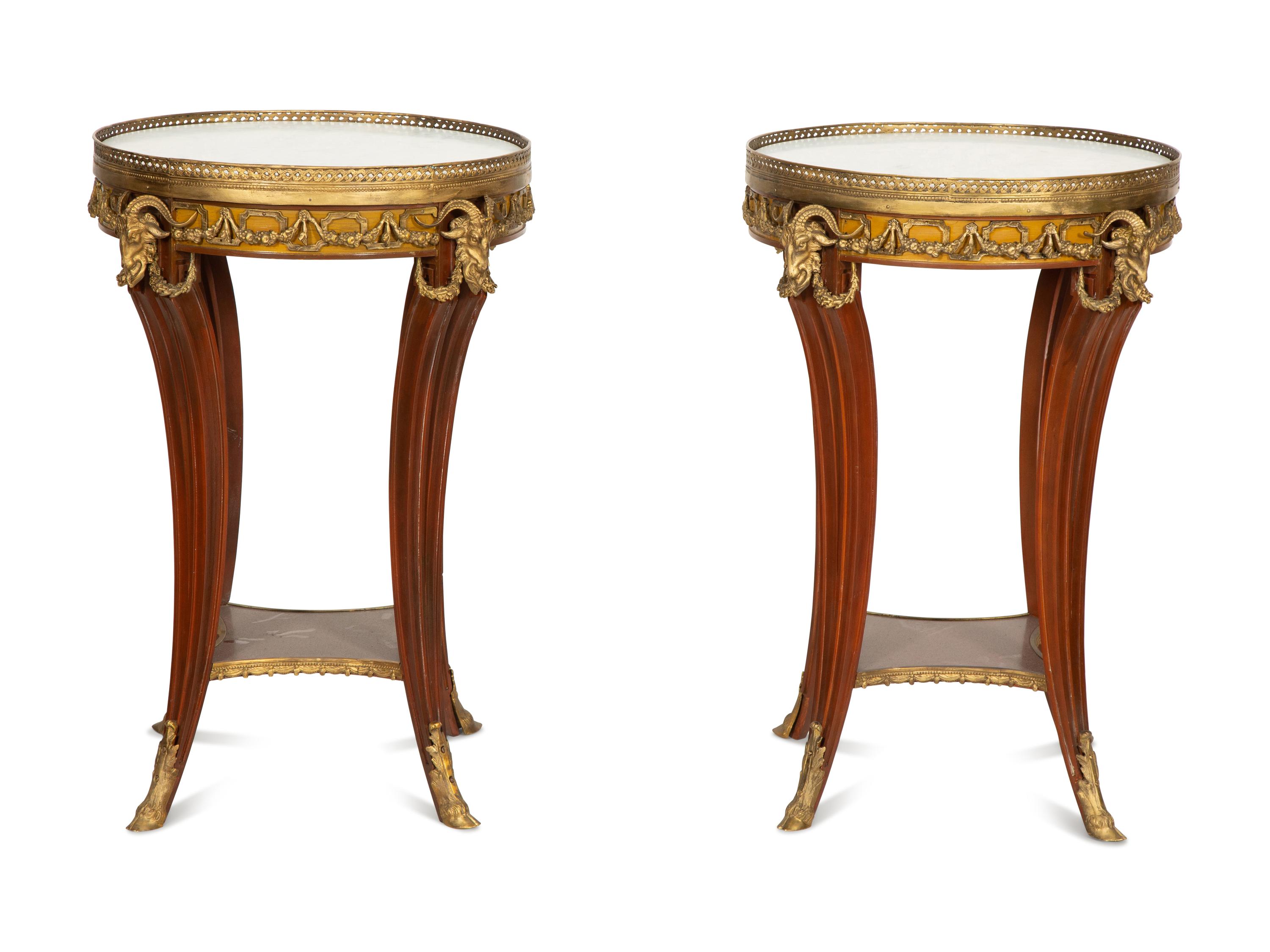 A Pair of Louis XVI Style Gilt Metal Mounted Walnut Gueridons