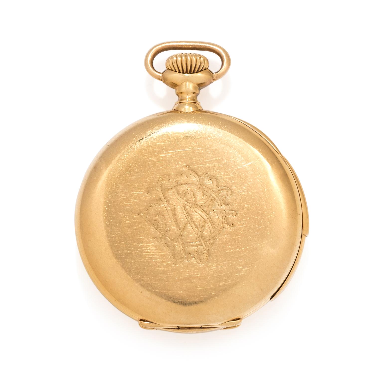 PATEK PHILIPPE, SPAULDING & CO., 18K YELLOW GOLD MINUTE REPEATER OPEN FACE POCKET WATCH, 1906