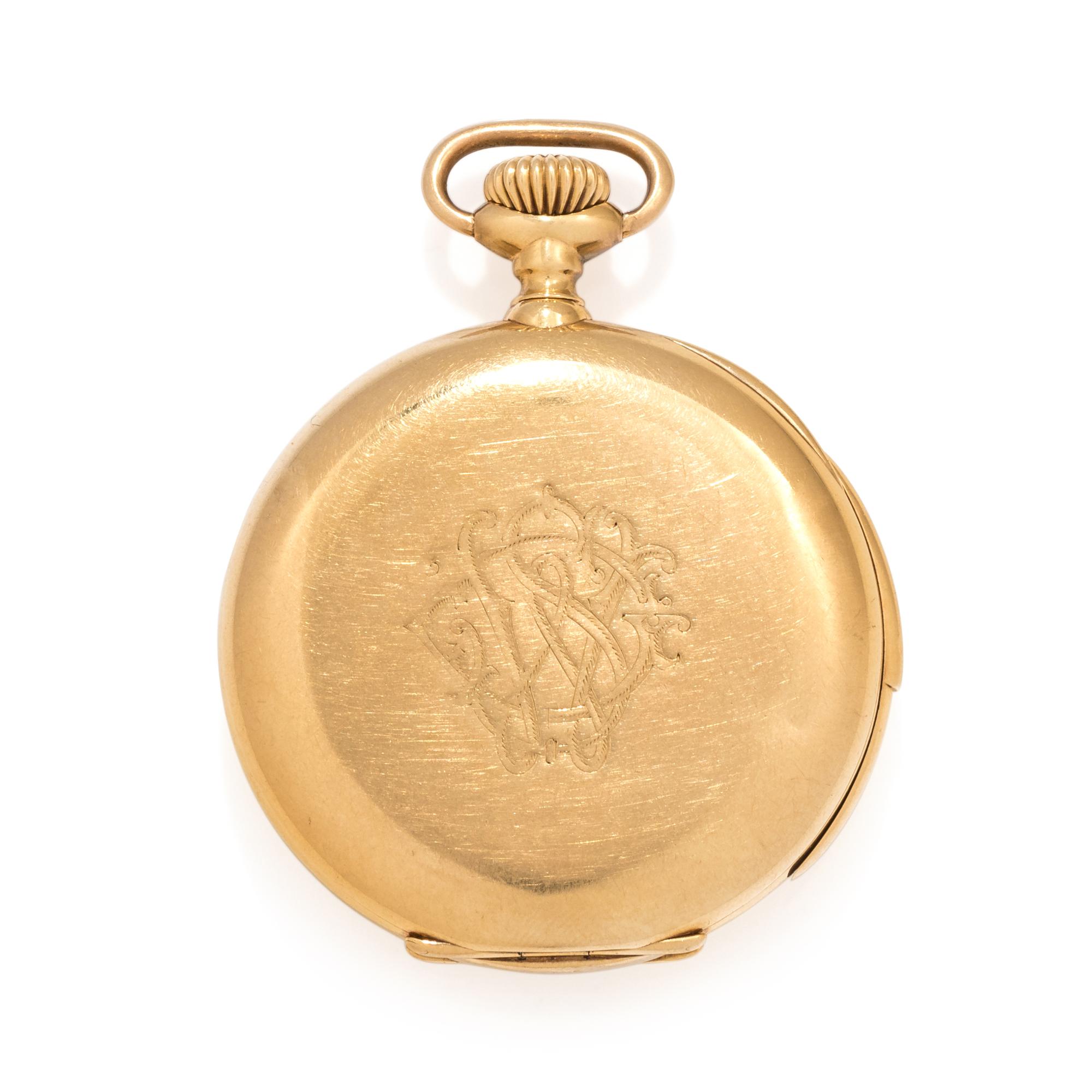 PATEK PHILIPPE, SPAULDING & CO., 18K YELLOW GOLD MINUTE REPEATER OPEN FACE POCKET WATCH, 1906