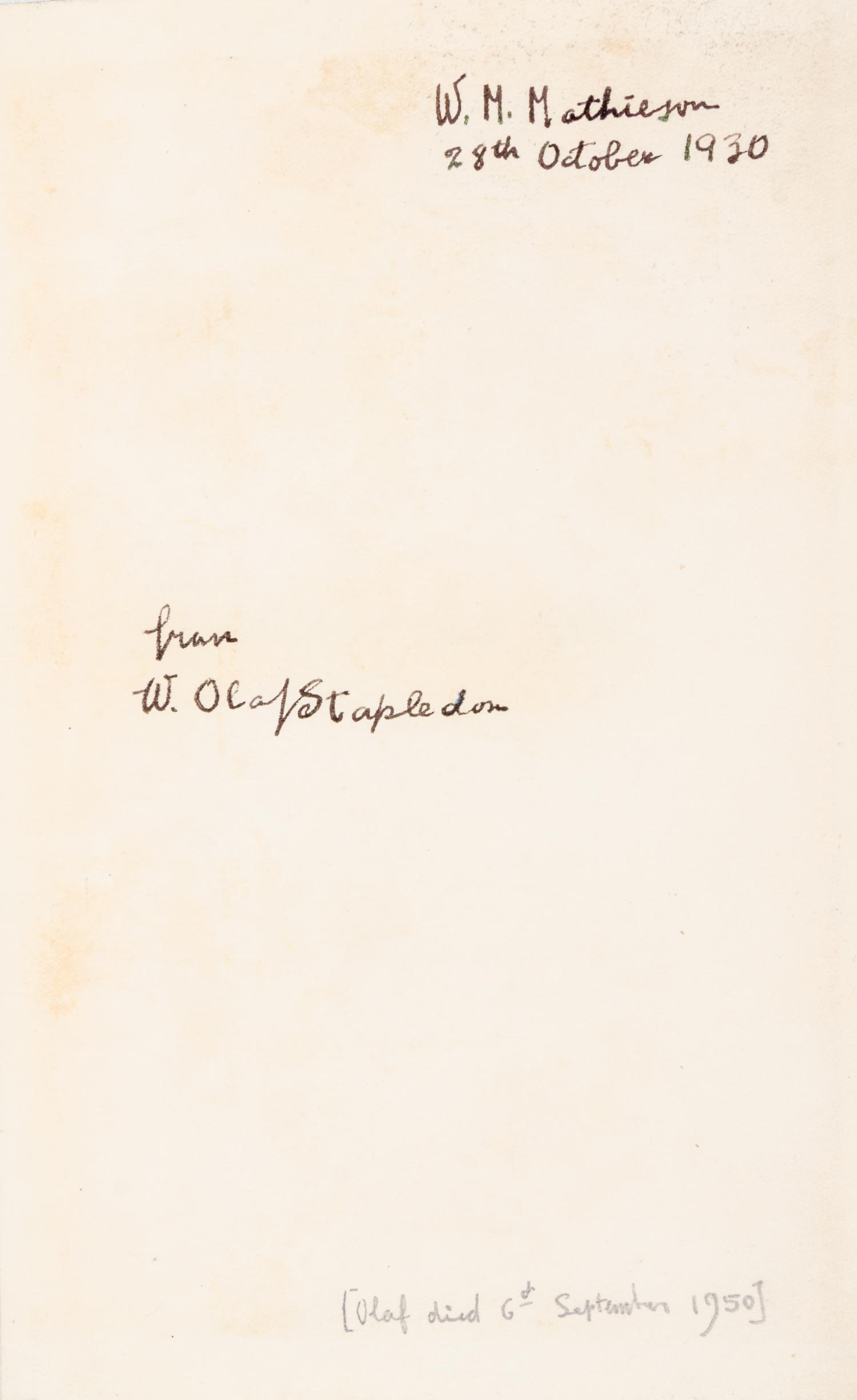 STAPLEDON, OLAF. Last and First Men. London, 1930. First edition. Signed. Presentation copy.