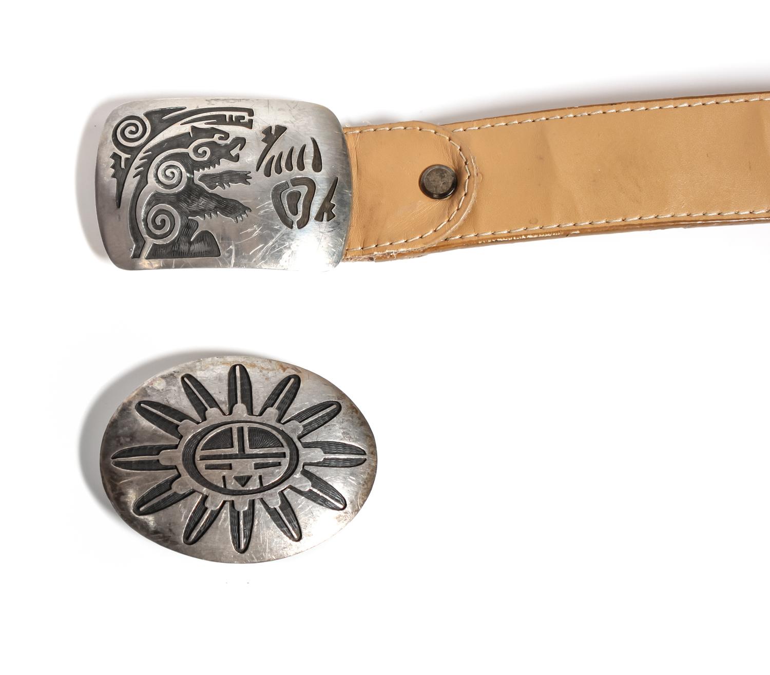 Two Hopi Style Silver Overlay Belt Buckles Height of larger 2 1/4 inches