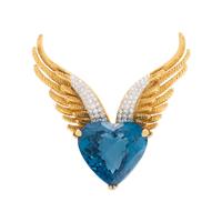 BLUE TOPAZ, DIAMOND, AND YELLOW GOLD WINGED HEART BROOCH