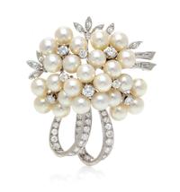 A White Gold, Cultured Pearl and Diamond Brooch, 17.20 dwts.