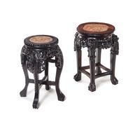 Two Chinese Marble Inset Hardwood Stands