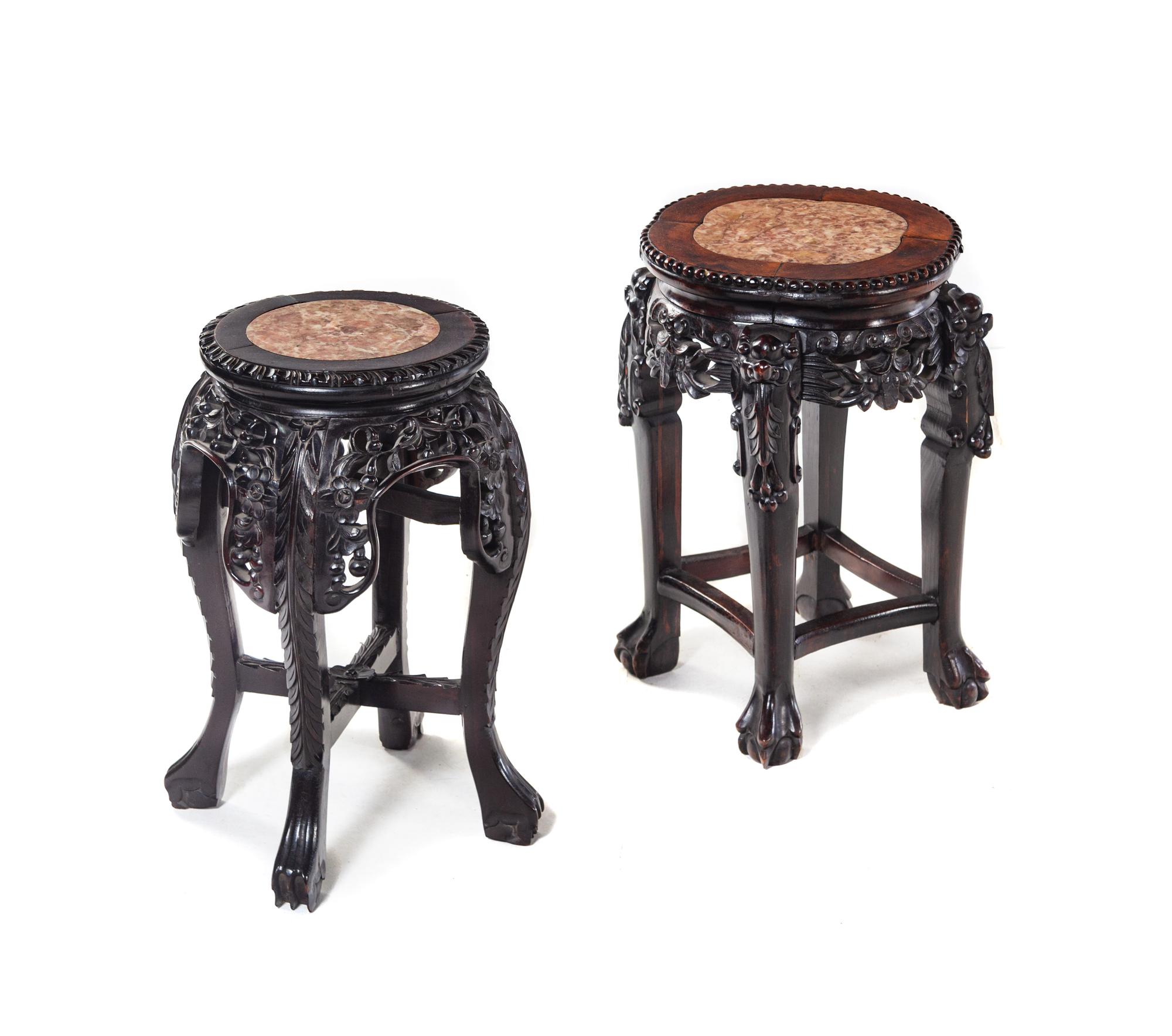 Two Chinese Marble Inset Hardwood Stands