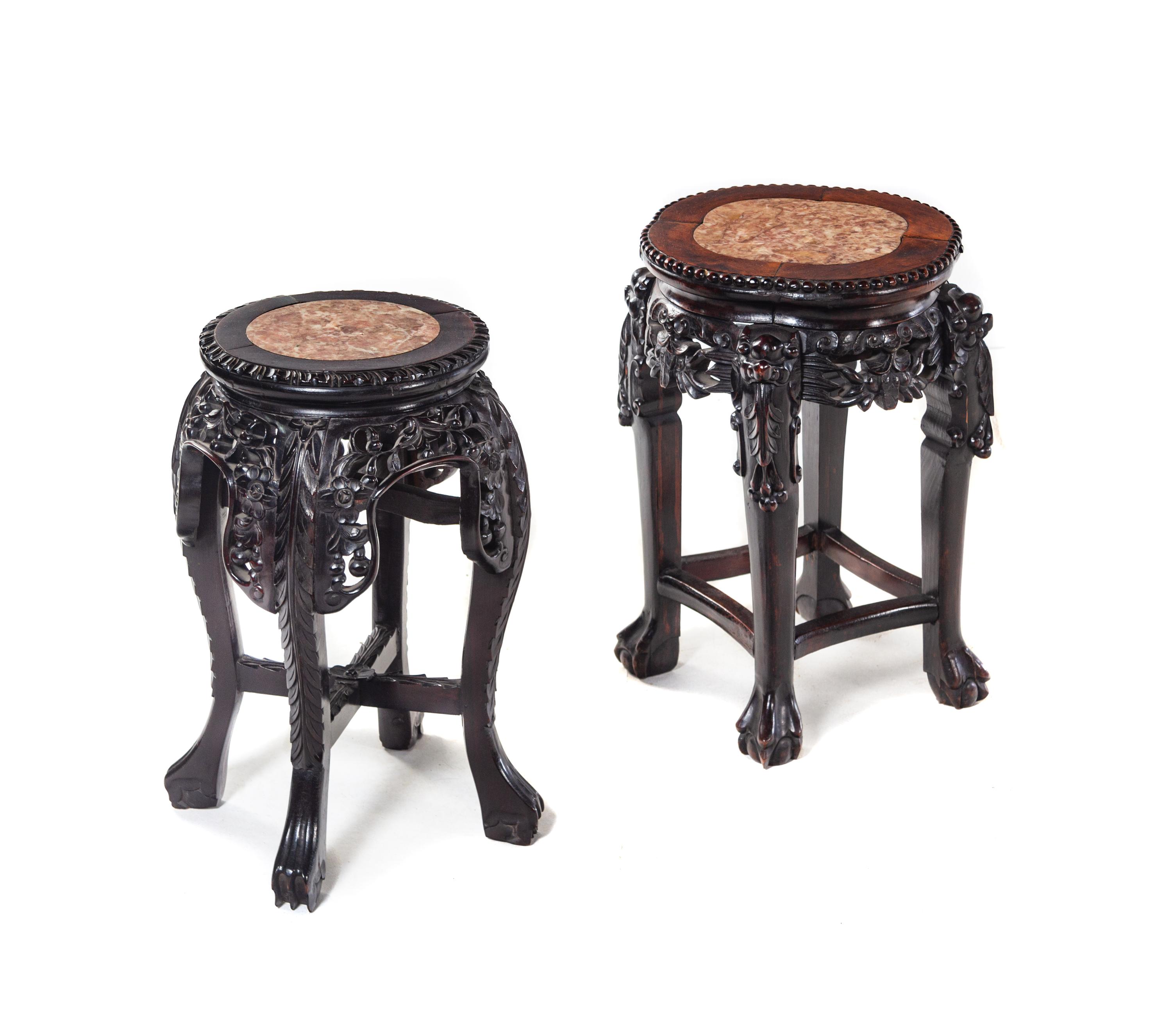 Two Chinese Marble Inset Hardwood Stands