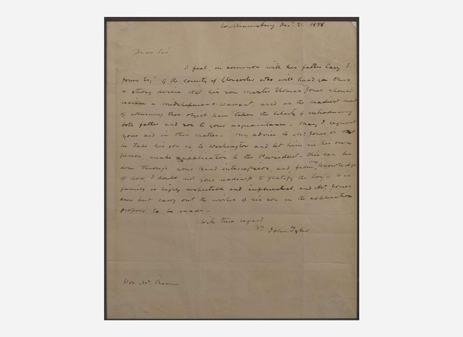 [Presidential] Tyler, John: Autograph Letter, signed