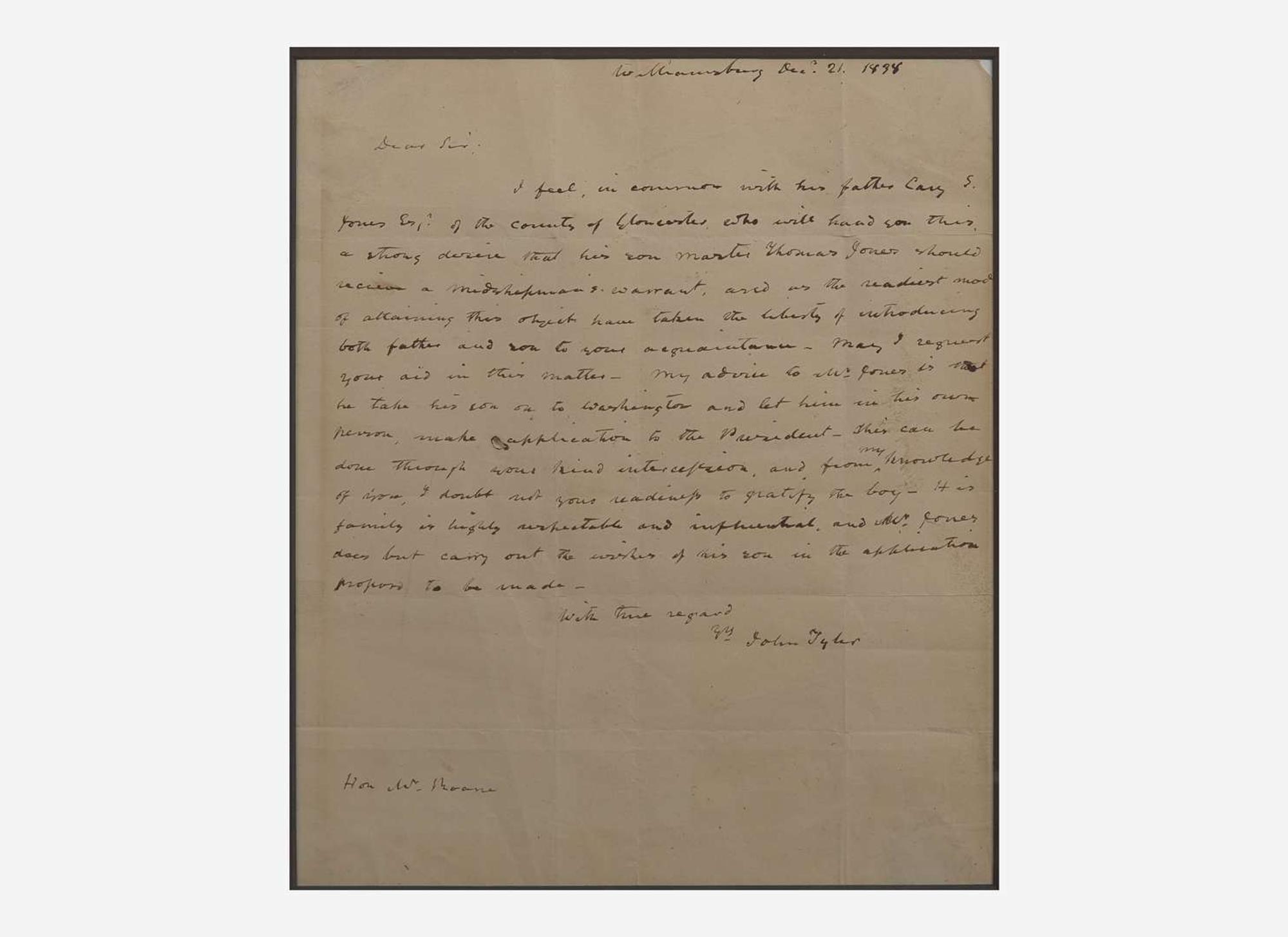 [Presidential] Tyler, John: Autograph Letter, signed