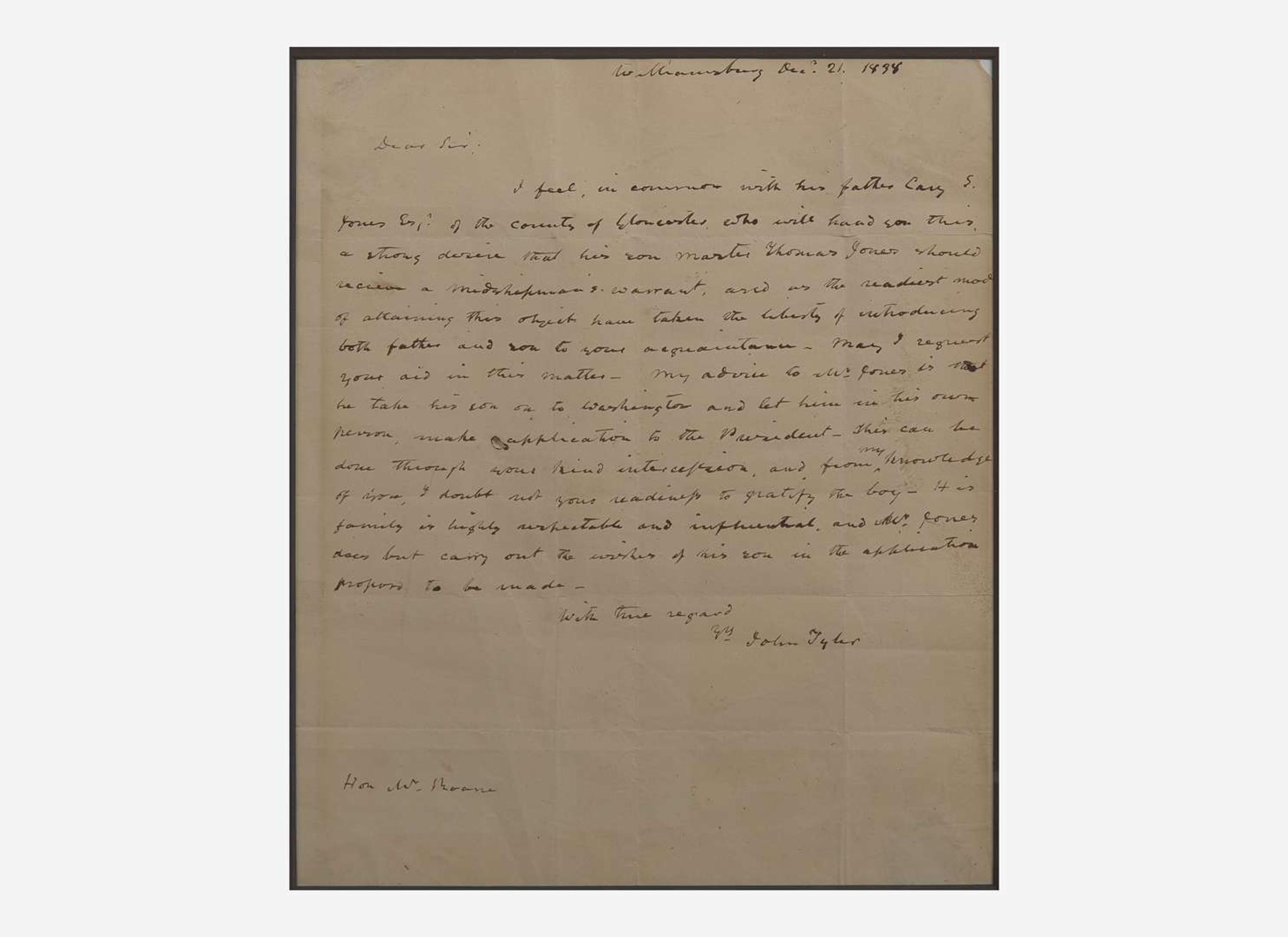 [Presidential] Tyler, John: Autograph Letter, signed