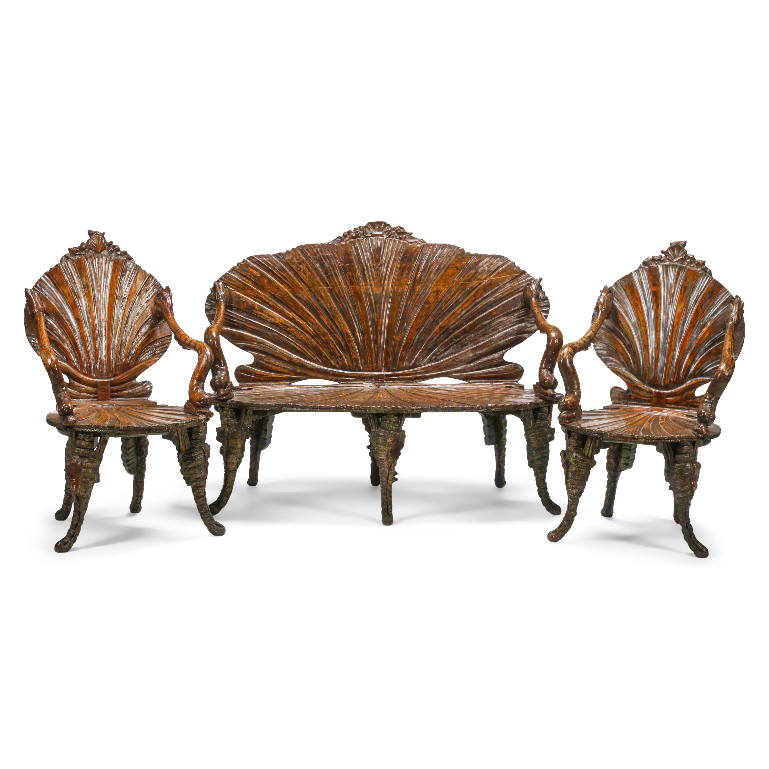 An Italian Carved Three-Piece "Grotto" Seating Suite
